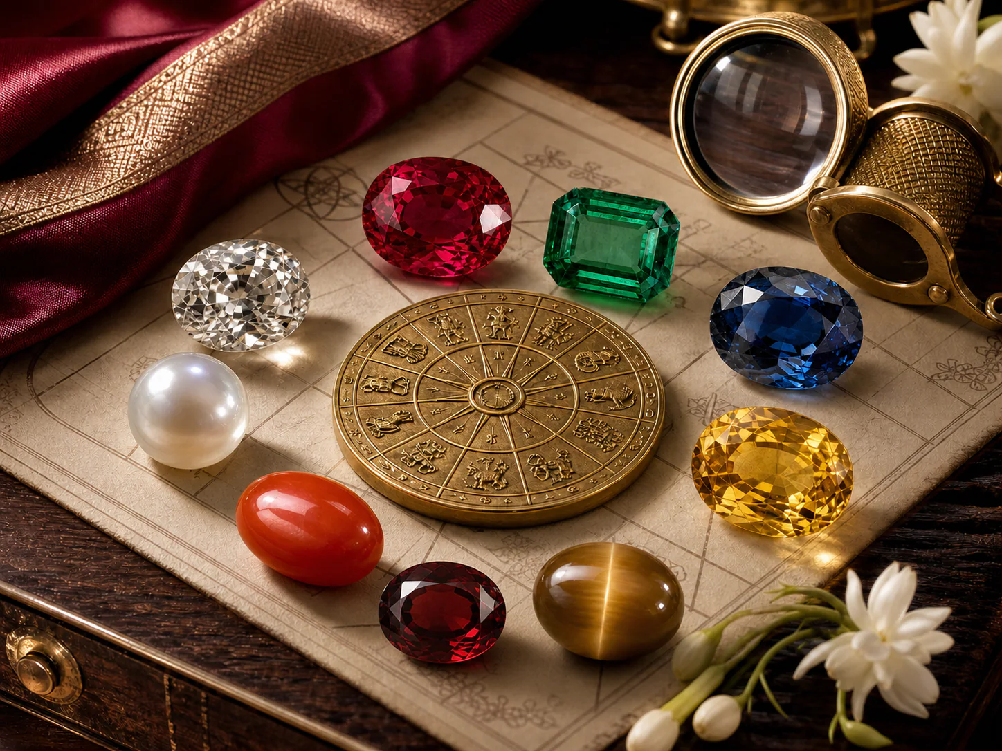 Traditional Navaratna gemstones with a brass zodiac disc and jeweller loupe
