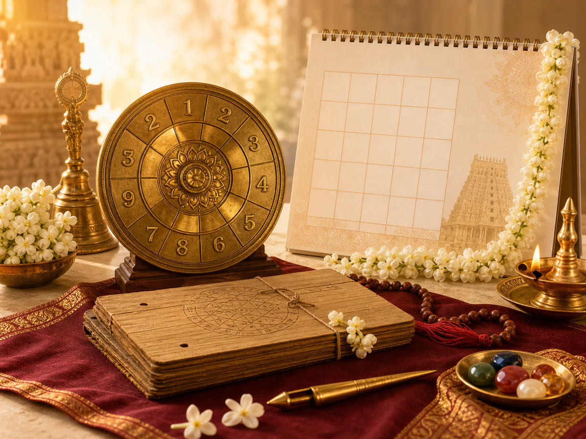 Brass number wheel and traditional calendar for numerology and auspicious date consultation