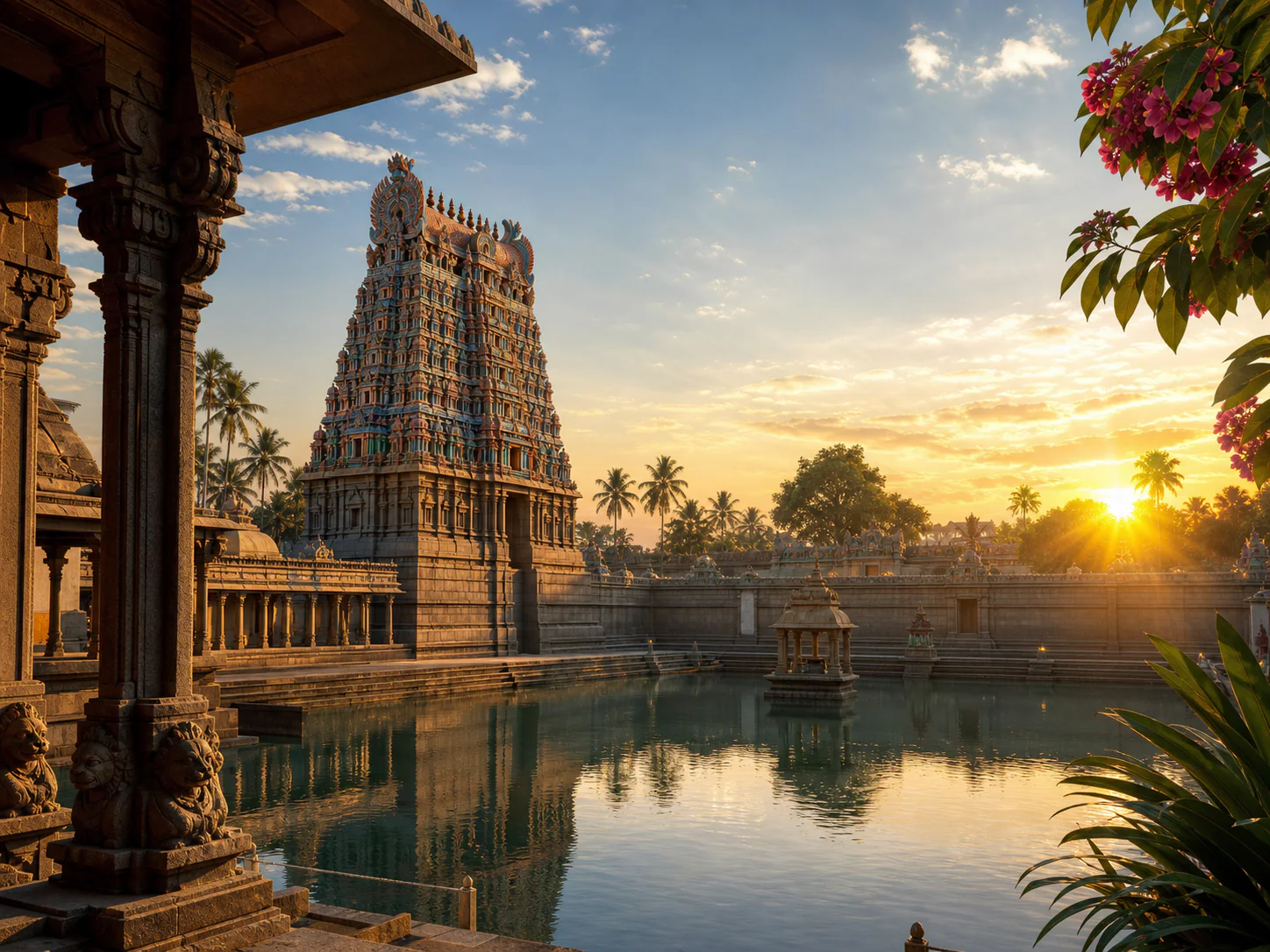 Tamil Nadu temple at sunrise representing traditional astrology consultation in Chennai