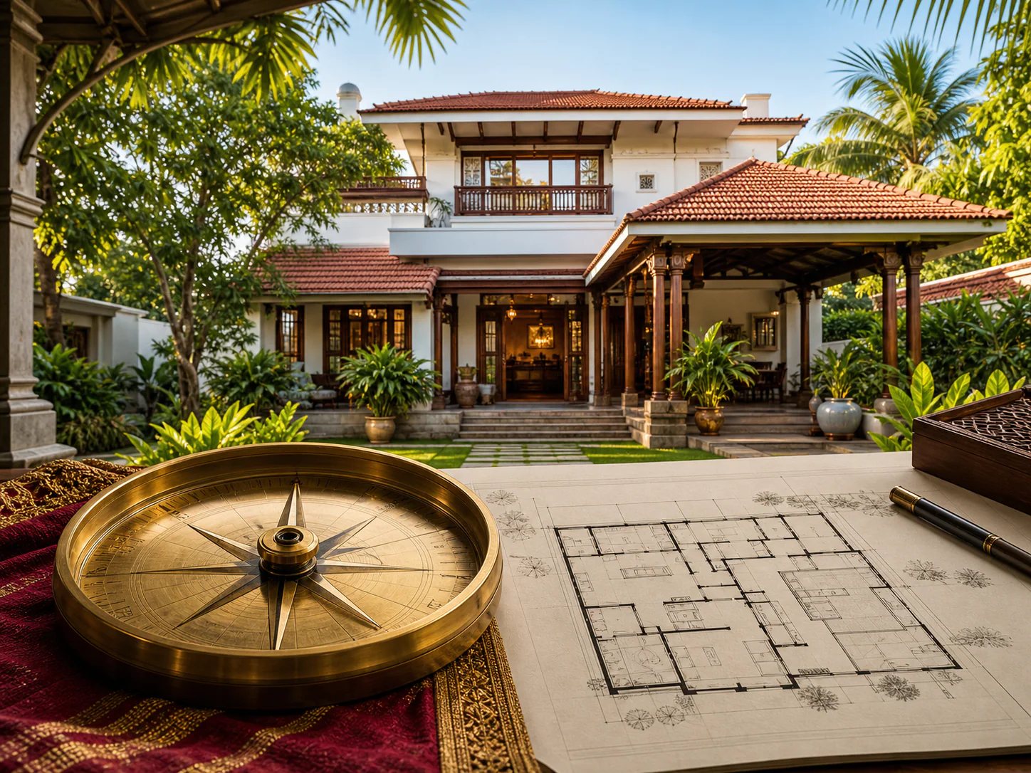 Brass Vastu compass beside a home floor plan and South Indian house